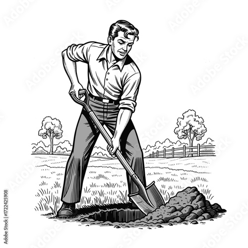 Engraving of a Man Digging a Hole in a Field with a Shovel