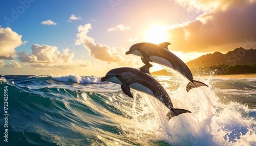 “Two dolphins leaping from ocean waves at sunset, with golden light reflecting off water and silhouetted mountains in the distance. Dynamic marine wildlife scene with vibrant coastal atmosphere.”