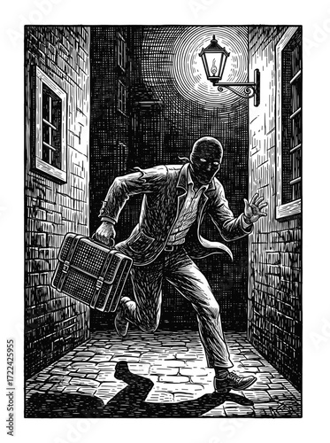 Engraving of a Man Running with a Briefcase Through a City Alley