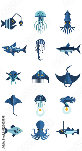 Collection of various marine creatures, including fish, jellyfish, and other sea animals.