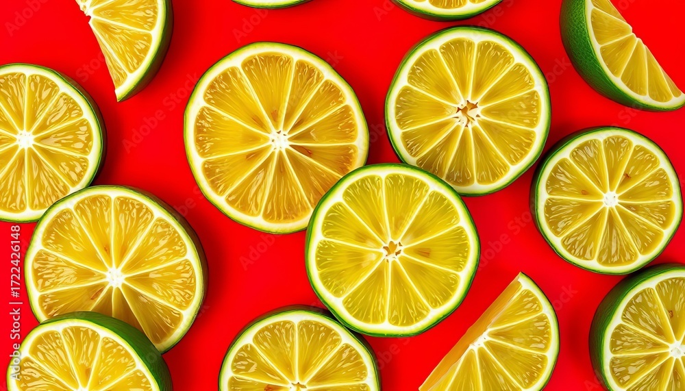 Fototapeta premium Vibrant lime slices in a repeating pattern on a bold red background, diet, pattern