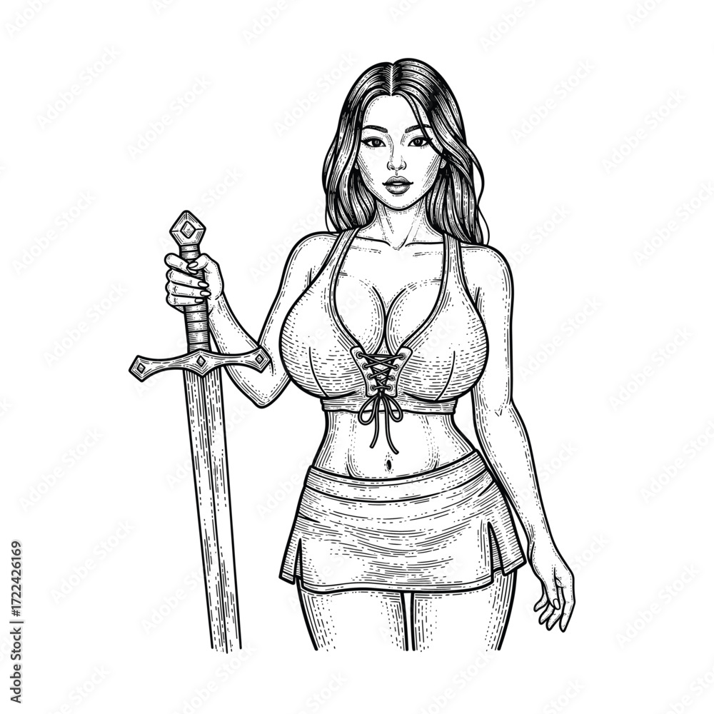 Fototapeta premium Engraving of Pin-up Style Female Warrior