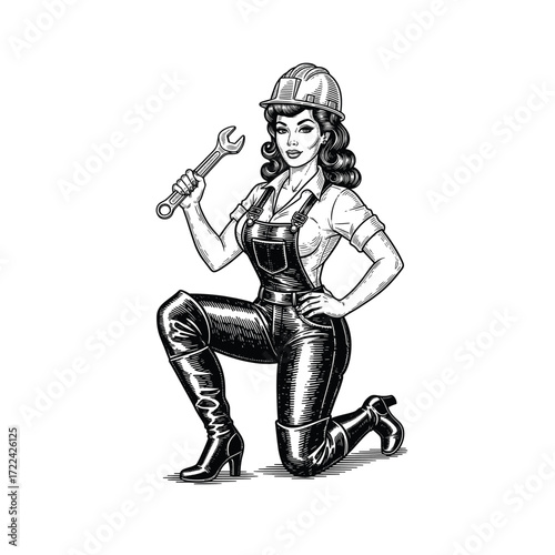 Engraving of Vintage Pin-up Mechanic with Wrench