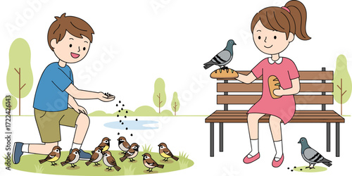 Cartoon children feeding birds in park, boy giving seeds, girl with bread, pigeons sparrows nature scene, outdoor activity illustration