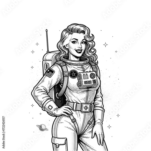 Engraving of Vintage Style Female Astronaut