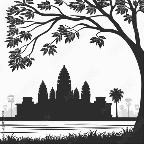 "Machu Picchu silhouette art Peru Andes mountain landmark poster, Inca citadel ruins illustration, black and white minimalist travel wall decor for cultural heritage architecture lovers"