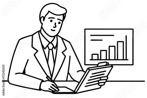 Businessman writing on document while looking at laptop and chart office desk