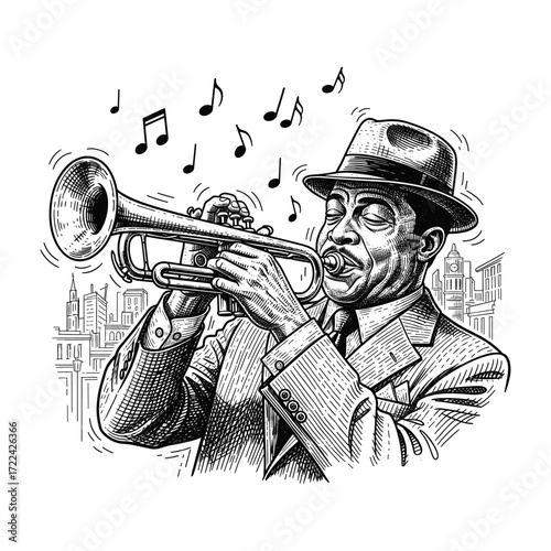 Engraving of Vintage Jazz Musician Playing Trumpet