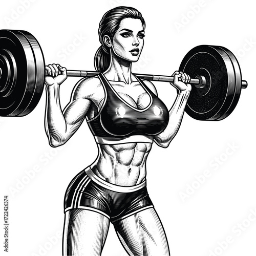 Engraving of Retro Fitness Woman Doing a Squat