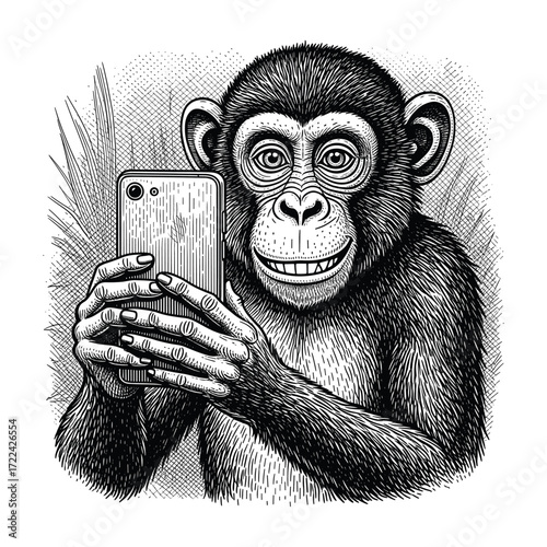 Engraving of Funny Monkey with a Smartphone