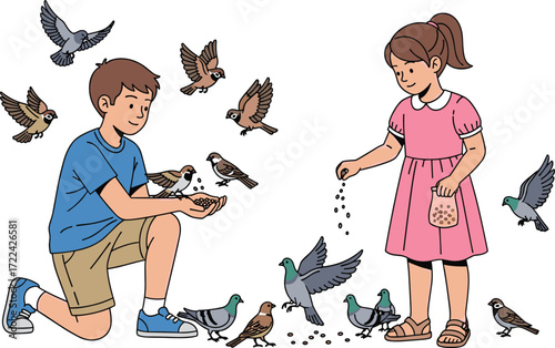 Cartoon children feeding pigeons and sparrows, boy kneeling with seeds, girl holding bag, happy outdoor park scene, nature illustration
