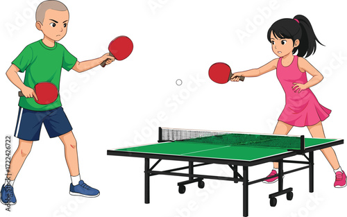 Cartoon children playing table tennis, boy and girl holding rackets, fun ping pong game, indoor sports activity, kids competition illustration