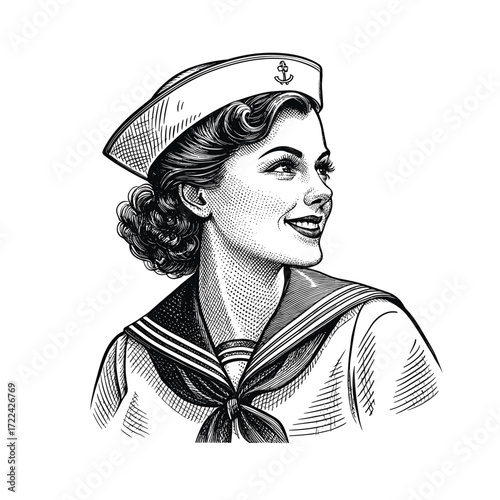 Engraving of Vintage Sailor Woman Portrait
