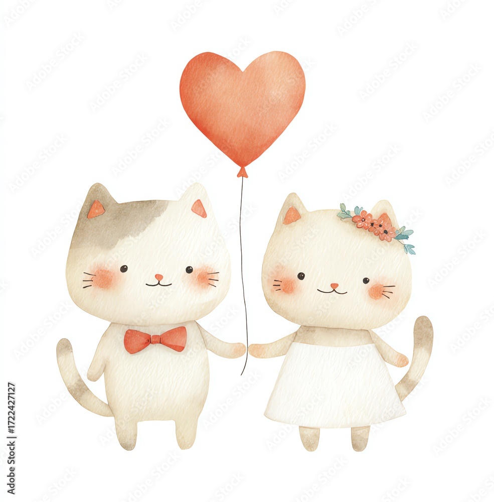 Obraz premium Adorable Watercolor Cats Holding Hands, Heart Balloon, Romantic Clipart