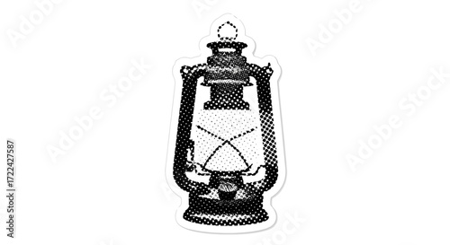 Halftone Illustration of a Vintage Kerosene Lantern with Glass Panels
