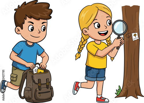 Cartoon kids on treasure hunt, boy with backpack carrying tools, girl using magnifying glass, outdoor adventure, childhood exploration, fun discovery