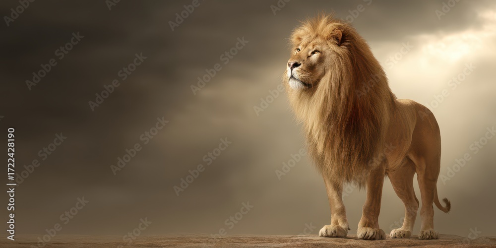 Fototapeta premium World Lion Concept. Majestic lion standing on a rocky surface under dramatic skies.