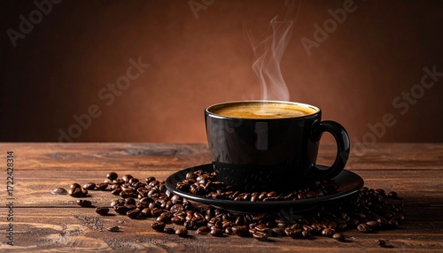 Front view of a black coffee cup filled with hot coffee, topped with a smooth layer of foam. The cup sits on a rustic brown wooden table, surrounded by scattered roasted coffee beans. 