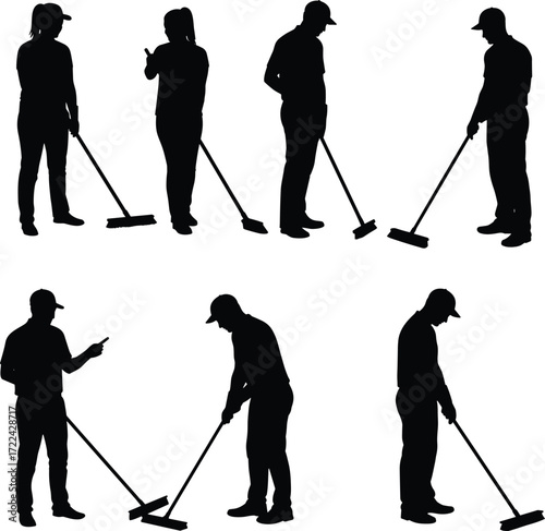 Silhouette workers cleaning floor, people sweeping with broom, janitor service illustration, professional cleaning staff, housekeeping job, sanitation 