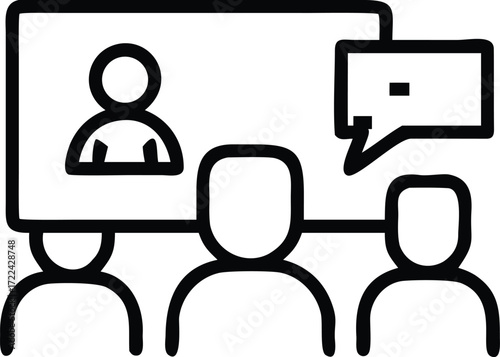 Video conference icon with a presenter on screen and three viewers with a speech bubble online meeting