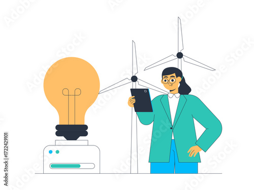 Wind power generation system settings for daily needs such as turning on lights. Green energy vector illustration. Flat illustration.