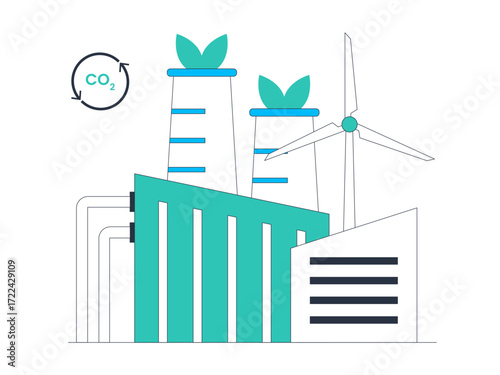 Energy renewal carried out by an industry and utilising wind turbines to produce electrical energy. Green energy vector illustration. Flat illustration.
