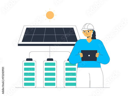 Solar panel experts regulate the system of electrical energy generated and stored as backup energy in special batteries. Green energy vector illustration. Flat illustration.