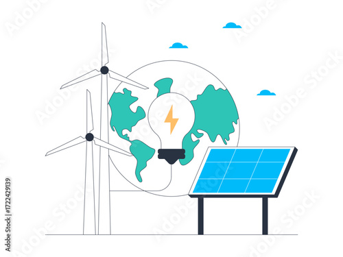 Alternative energy such as solar power plants and wind power are environmentally friendly energies that are safe for long-term use. Green energy vector illustration. Flat illustration.
