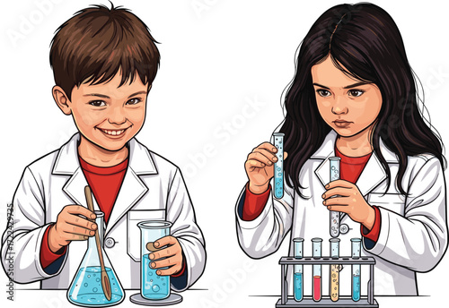 Children doing science experiment in laboratory, boy and girl in white coat, mixing colorful liquids, education, chemistry learning, STEM activity