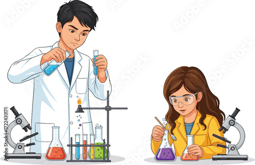 Children performing science experiments in laboratory, boy mixing chemicals, girl using beaker, microscope research, STEM education, chemistry, biology learning project