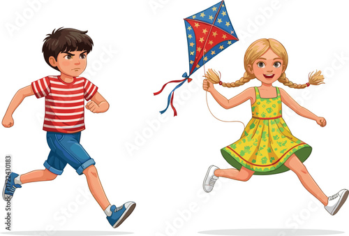 Children running with kite outdoors, happy girl flying colorful kite, playful boy chasing, fun summer activity, childhood adventure, outdoor playtime joy