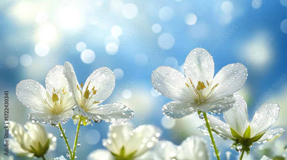 Obraz premium beautiful background, field of white flowers, morning dew