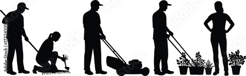Silhouette people gardening, raking soil, planting flowers, mowing lawn, outdoor yard maintenance, teamwork gardening, eco lifestyle, farming activity, seasonal garden care.