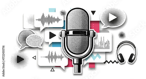 Retro Microphone with Audio Elements and Speech Bubbles