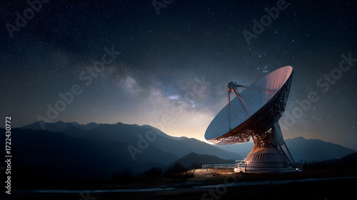 Large satellite dish under starry night sky and Milky Way