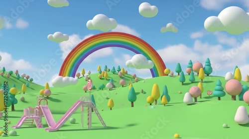 Colorful Animated Landscape with Rainbow Hills and Playground Bright Sky and Fluffy Clouds