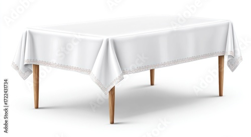 A neatly draped white tablecloth adorned with subtle trim, rests on a wooden table with four legs, casting a soft shadow on a white background