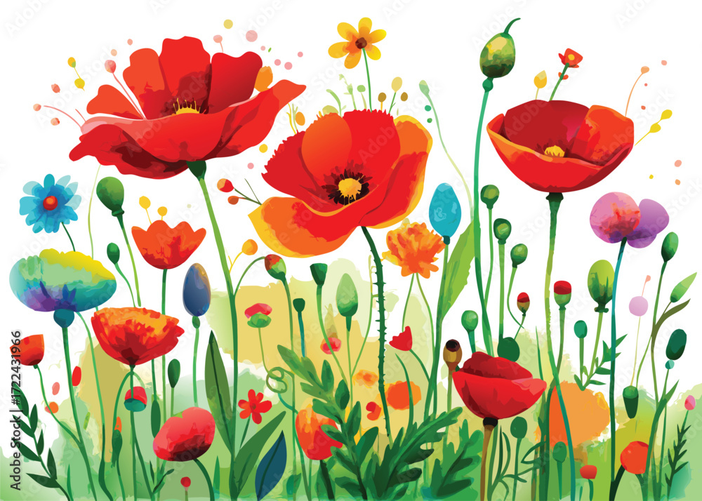 Fototapeta premium Poppy field watercolor painting vector art floral design botanical illustration background 
