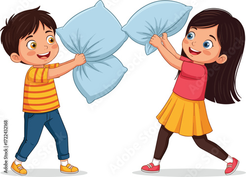 Happy children playing pillow fight, boy and girl smiling, fun indoor activity, childhood entertainment, joyful kids game, cartoon illustration