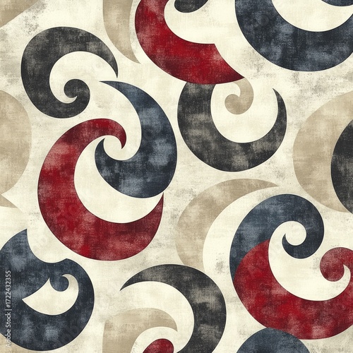 Abstract patterned design with swirling shapes in muted colors on a light beige background