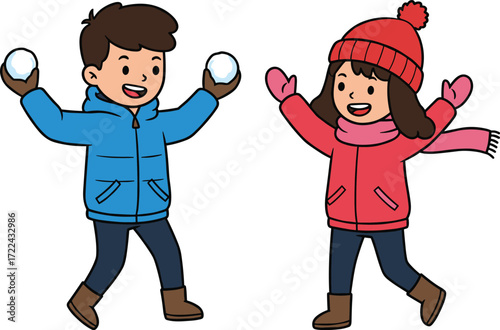 Happy children playing snowball fight in winter season, boy and girl in warm clothes enjoying fun outdoor snowy cartoon illustration