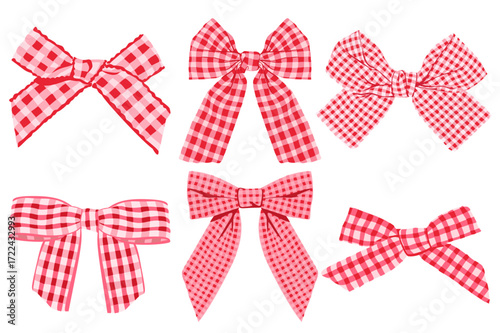 Red Gingham Ribbon Bow Set Vector Illustration. Elegant Coquette Red Checkered Decorative Bows Collection