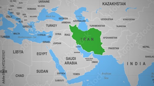 Iran Country Outlined on World Map 2D Animation Middle East Asia