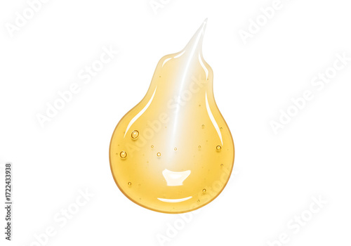 Abstract shot of a translucent, viscous amber liquid resembling a drop on a white background, featuring delicate bubbles and a glossy texture for cosmetic applications.
