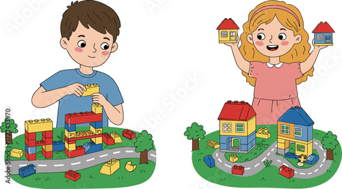 Happy children playing with colorful toy building blocks, boy and girl creating houses, creative playtime activity, educational learning construction toys