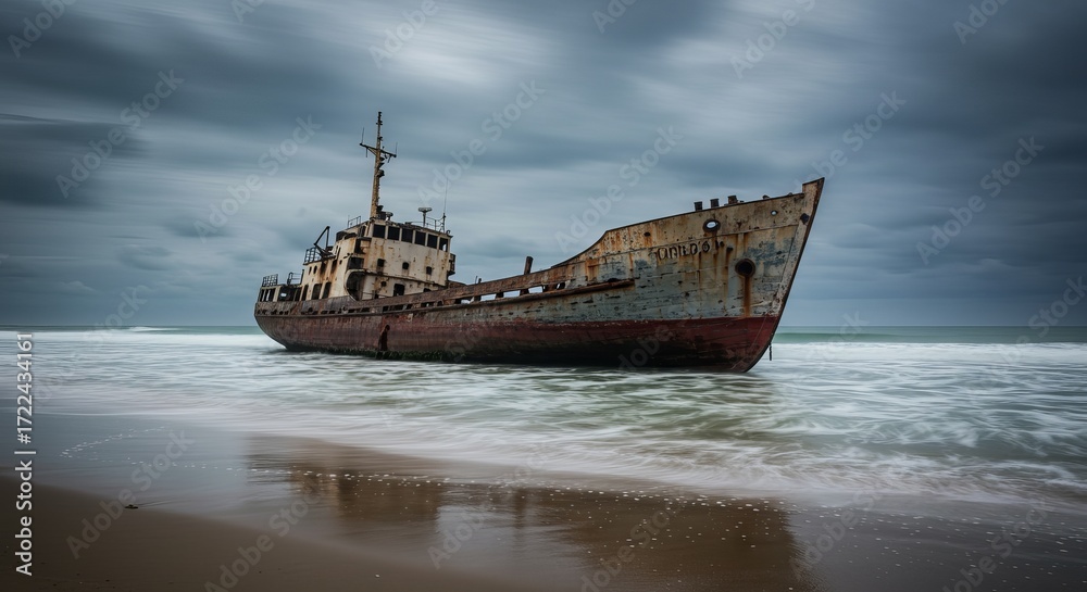 Fototapeta premium Dramatic shipwreck stranded on a misty shore with waves gently lapping the hull