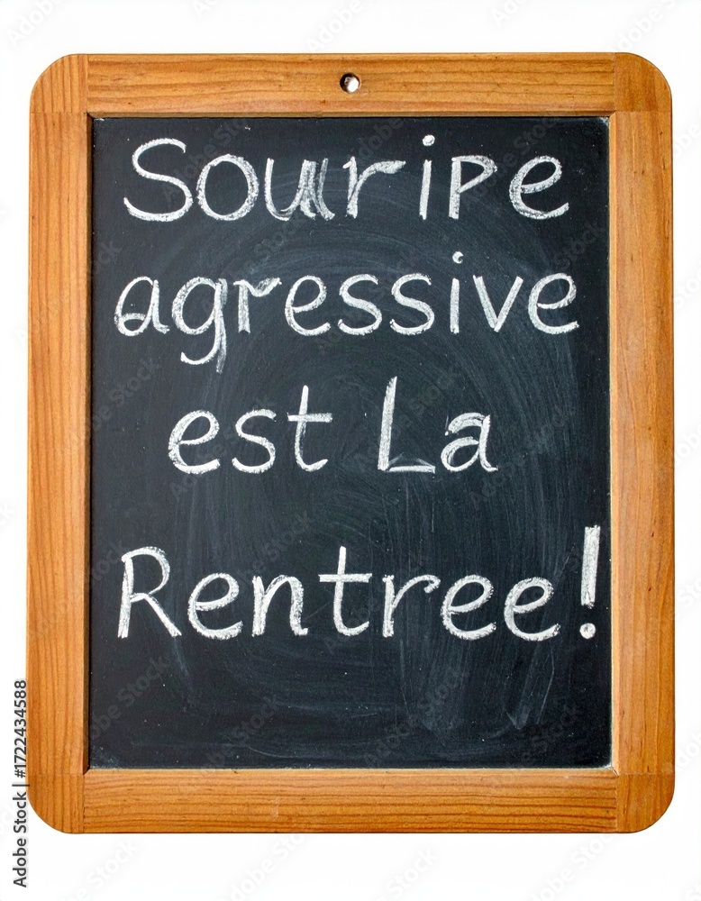 Obraz premium A wooden-framed blackboard with white chalk lettering displays a handwritten phrase in French against a smudged dark surface, isolated on white