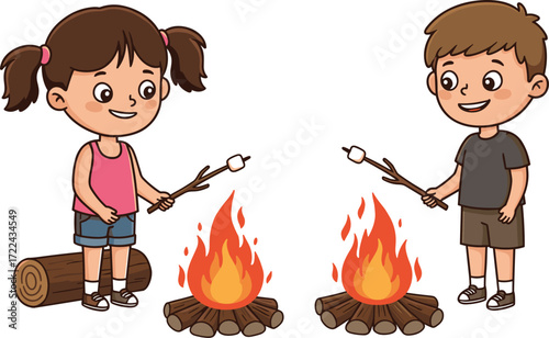 Happy children roasting marshmallows at campfire, kids enjoying camping, outdoor adventure, fun summer activity, family picnic, nature exploration, cozy evening fire