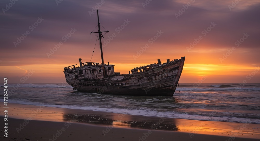 Obraz premium Shipwrecked vessel on beach at dramatic sunset with ocean waves and vibrant sky