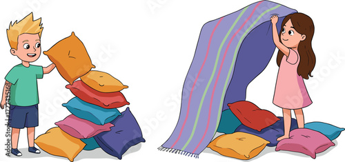 Happy kids building pillow fort, stacking cushions, creating blanket tent, fun indoor play, childhood imagination, creative activity, cozy playtime adventure